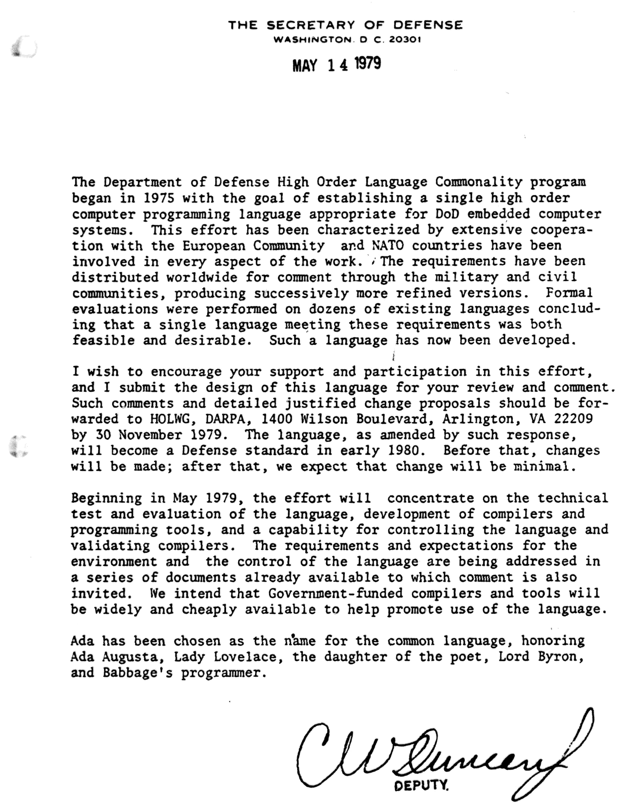 The letter of Deputy Secretary of Defense Charles Duncan of May 14, 1979