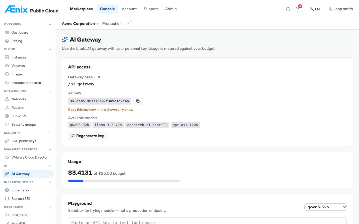 Ænix AI Platform: AI Gateway mit OpenAI-kompatiblem API-Schlüssel, verfügbaren Modellen und Verbrauch gegen ein Budget