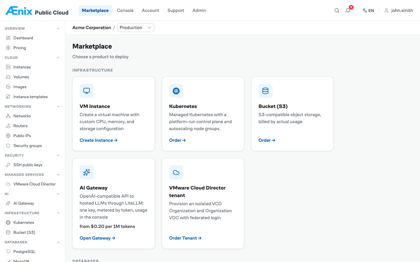 Kundenportal der Ænix Public Cloud Platform: Marktplatz mit VMs, Kubernetes, S3, AI Gateway und VMware-Cloud-Director-Mandanten