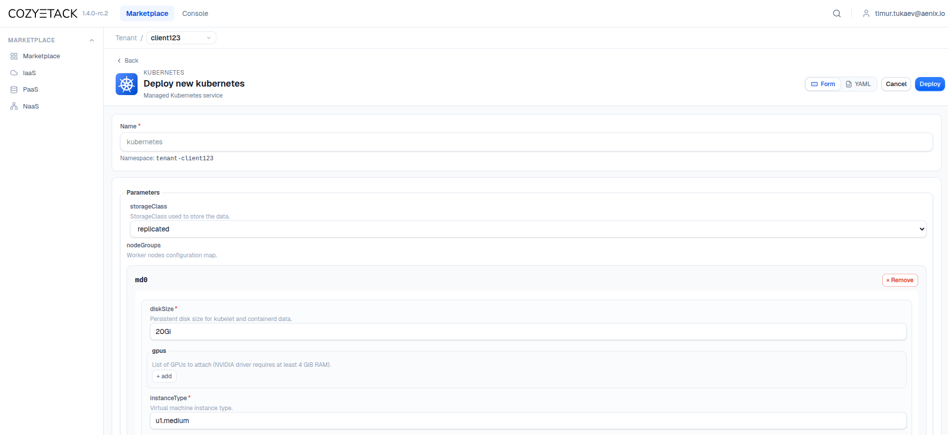 Der IaaS-Marketplace im neuen Cozystack-Dashboard