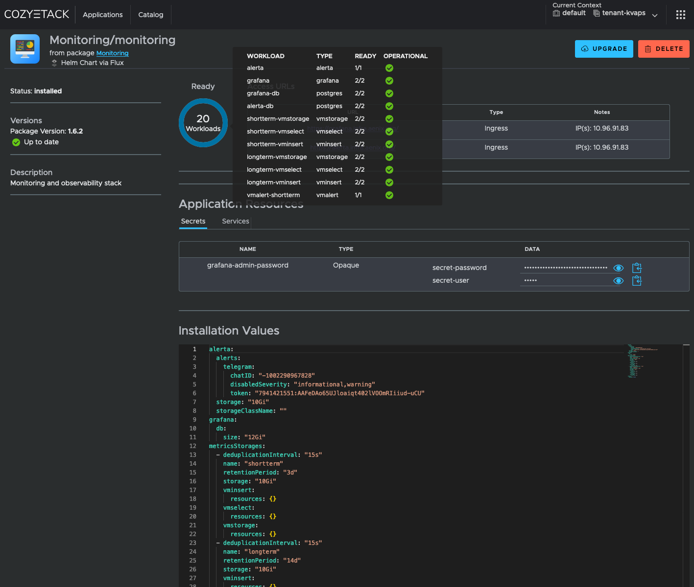 Cozystack-Dashboard mit Replikas und Service-Level pro Workload