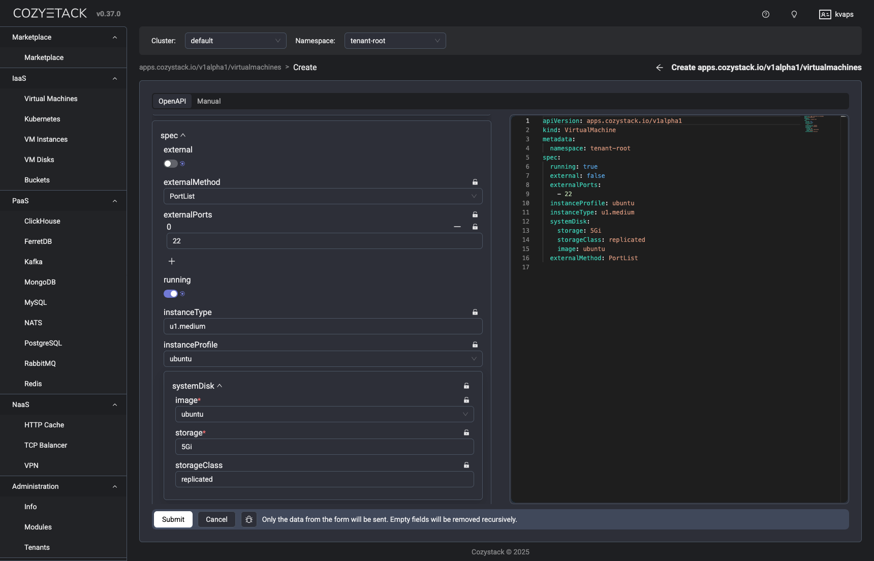 Anwendungsformular mit Live-Vorschau des YAML