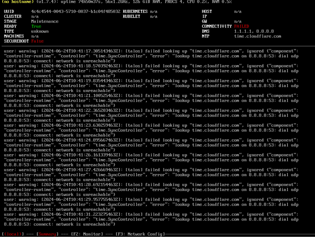 Abb. 4: Konsole von Talos Linux nach dem Booten vom Image