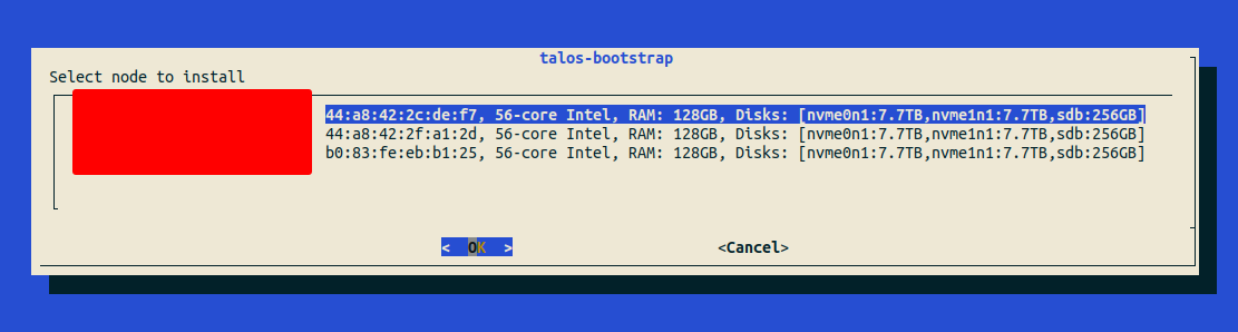Abb. 9: Auswahl des zu installierenden Nodes in talos-bootstrap