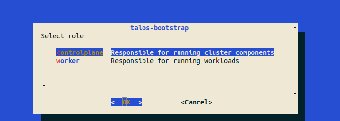 Abb. 10: Auswahl der Node-Rolle (ControlPlane) in talos-bootstrap