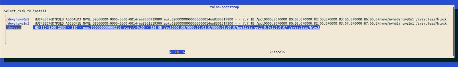 Abb. 12: Auswahl der Installationsfestplatte in talos-bootstrap