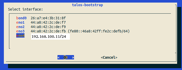 Abb. 13: Auswahl des Netzwerk-Interfaces in talos-bootstrap