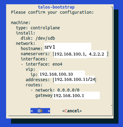 Abb. 18: Endgültige Konfiguration in talos-bootstrap vor der Installation