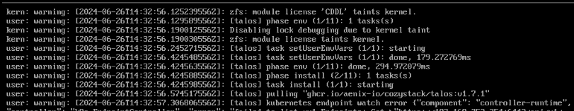Abb. 19: Konsole von Talos Linux während der Installation