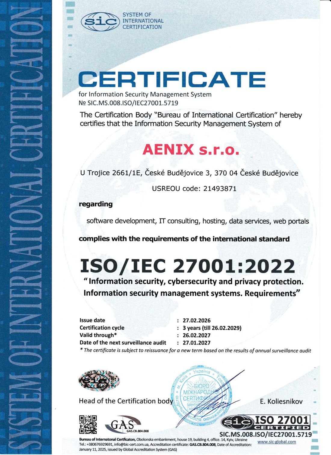 ISO/IEC-27001:2022-Zertifikat der AENIX s.r.o., Nummer SIC.MS.008.ISO/IEC27001.5719